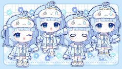 Rule 34 | 1girl, :3, :d, :o, ;d, ahoge, asymmetrical legwear, bare shoulders, blue background, blue eyes, blue hair, blue jacket, blue shorts, blunt bangs, blush stickers, border, camisole, chibi, chibi only, closed mouth, commentary request, commission, full body, grid background, hand up, highres, indie virtual youtuber, jacket, long hair, long sleeves, nada namie, o o, one eye closed, open clothes, open jacket, open mouth, outline, outside border, shorts, single sock, single thighhigh, skeb commission, sleep mask, sleeves past fingers, sleeves past wrists, slippers, smile, socks, standing, striped clothes, striped socks, striped thighhighs, tears, thighhighs, two-tone background, uneven legwear, uriri (vtuber), virtual youtuber, white background, white border, white camisole, white outline, white slippers