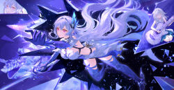 1girl bare_shoulders between_breasts breasts broken_glass cleavage closed_mouth commentary crystal_shards dress floating_hair full_body genshin_impact glass glass_shards hair_between_eyes hair_intakes hair_ornament halter_dress halterneck high_heels highres holding holding_sword holding_weapon inixixi large_breasts light_particles long_hair looking_ahead outstretched_arm prosthesis prosthetic_arm prosthetic_leg reaching red_eyes short_dress skirk_(genshin_impact) solo star_(sky) sword thighs very_long_hair weapon white_dress white_hair