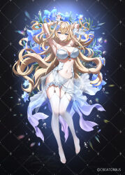 1girl absurdres arm_strap armpits arms_behind_head arms_up bare_shoulders beldir_mistiltein bikini blonde_hair blue_eyes blue_flower breasts choker cleavage commentary_request criss-cross_halter floating_hair flower frilled_bikini frills full_body garter_straps hair_flower hair_ornament halterneck hibiwa highleg highleg_bikini highres large_breasts long_hair looking_at_viewer navel no_shoes open_mouth sarong solo stomach string_bikini swimsuit thighhighs v-lup very_long_hair virtual_youtuber white_bikini white_choker white_thighhighs