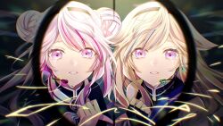 Rule 34 | 2girls, blonde hair, close-up, crosshair, crying, crying with eyes open, double bun, hair bun, headset, hibana (vocaloid), highres, himehina channel, long hair, looking at viewer, multicolored hair, multiple girls, pink hair, purple eyes, streaked hair, streaming tears, suzuki hina, tanaka hime, tears, virtual youtuber, yanagida shiina