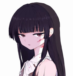 Rule 34 | 1girl, black hair, blood, blood on clothes, blood on face, blood on neck, brown eyes, expressionless, highres, hime cut, houraisan kaguya, long hair, looking at viewer, mochimo-cheese, open mouth, pink shirt, shaded face, shirt, touhou, upper body