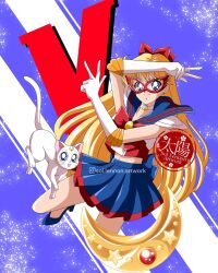 1girl aino_minako artemis_(sailor_moon) bishoujo_senshi_sailor_moon blue_eyes blue_sailor_collar blue_shoes blue_skirt bow bowtie brooch cat choker crescent crescent_choker domino_mask earrings elbow_gloves epaulettes gloves high_heels highres jewelry mask midriff navel red_bow red_bowtie sailor_collar sailor_v shoes skirt smile sol_lennon solo stud_earrings white_choker