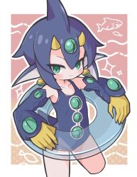 1girl blue_hair blue_one-piece_swimsuit blush closed_mouth collarbone commentary_request cropped_legs desco_(disgaea) disgaea gloves green_eyes highres horns innertube looking_at_viewer one-piece_swimsuit short_hair smile solo suaman swim_ring swimsuit yellow_gloves yellow_horns