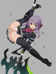 1girl ass axe battle_axe black_boots black_thighhighs blazer boots bow bowtie brown_eyes clothes_lift dancing gloves grey_background highres hiiragi_shinoa jacket knee_boots long_hair looking_at_viewer open_mouth ouhashi owari_no_seraph panties pleated_skirt pole_dancing purple_hair purple_ribbon red_bow red_bowtie ribbon skirt skirt_lift thighhighs thighs underwear weapon white_gloves white_panties