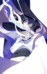 1boy arm_at_side armor artist_name black_bow black_sash blunt_ends bow bright_pupils clothing_cutout clutching_chest crying crying_with_eyes_open evercelle eyeliner eyeshadow fire floral_print_veil from_below frown genshin_impact hand_up highres hole_in_chest hole_on_body japanese_armor kote kurokote layered_sleeves long_sleeves looking_at_viewer looking_down makeup male_focus purple_eyes purple_hair purple_sleeves purple_veil red_eyeliner red_eyeshadow sash scaramouche_(genshin_impact) scaramouche_(kabukimono)_(genshin_impact) shoulder_cutout solo tears upper_body veil white_background white_fire white_pupils white_sleeves wide_sleeves