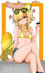 1boy 1other absurdres anger_vein angry animal_ear_fluff animal_ears bar_censor bare_legs bikini bikini_under_clothes blonde_hair blue_sandals bra brick_wall censored check_commentary commentary_request crossdressing crossdressing_(mtf) crossed_legs curvy denim denim_shorts dot_nose eyewear_on_head feet_out_of_frame gluteal_fold headpat highres long_hair male_focus middle_finger nail_polish orange_scarf original pink_nails plump raccoon_boy red_eyes sandals scarf short_shorts shorts simple_background sitting swimsuit tanuki trap two-tone_background underwear very_long_hair virtual_youtuber white_background yellow_bikini yellow_bra yellow_tail zasu_udon