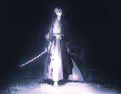 1boy 1girl absurdres arms_at_sides black_hair black_kimono bleach blood blood_on_clothes blood_on_face bloody_weapon closed_mouth commentary dark death double-parted_bangs empty_eyes full_body grass gwao_(_ul_13) hair_between_eyes highres holding holding_sword holding_weapon japanese_clothes katana kimono kuchiki_rukia long_sleeves looking_at_viewer medium_hair night obi outdoors purple_eyes revision sandals sash serious shiba_kaien short_hair standing straight-on sword symbol-only_commentary tabi underlighting v-shaped_eyebrows weapon wide_sleeves