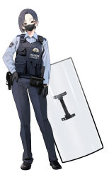 1girl black_eyes black_gloves black_hair black_pants black_shoes blue_shirt bulletproof_vest collared_shirt commentary_request full_body gloves hand_on_own_hip highres holster looking_at_viewer mask mouth_mask original pants police police_uniform policewoman pouch riot_shield samazuka_mashiro shield shirt shoes short_hair simple_background solo walkie-talkie watch white_background wristwatch