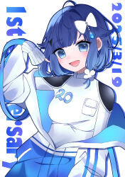 1girl blue_eyes blue_hair blush dated hair_ornament hanase highres jacket looking_at_viewer open_clothes open_jacket open_mouth shirt solo tsumugi_kokage virtual_youtuber vspo! vspo!_showdown white_background