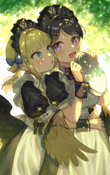 2girls :o angel_wings apron aqua_eyes arms_around_waist black_dress black_hair black_headdress black_wings black_wrist_cuffs blonde_hair blue_bow blunt_ends blush bow choppy_bangs commentary_request cowboy_shot dappled_sunlight dress frilled_apron frills hair_bow hair_intakes hair_ornament hairclip hands_up highres holding holding_tray hug hug_from_behind kanipanda long_hair long_sidelocks looking_at_another low_wings maid maid_apron maid_headdress multiple_girls neck_ribbon open_mouth original outdoors parted_bangs parted_lips purple_eyes red_ribbon ribbon shade shadow short_sleeves sidelocks smile standing sunlight tray tree twintails white_apron wings wrist_cuffs yuri