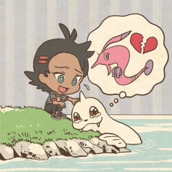 antenna_hair black_hair black_pants bright_pupils broken_heart brown_eyes chibi closed_mouth commentary_request dark-skinned_male dark_skin dewgong eyelashes fangs gen_1_pokemon gen_3_pokemon goh_(pokemon) gorebyss grass grey_shirt grey_shoes hands_on_another&#039;s_head heart horns imagining male_focus mojacookie nintendo official_art open_mouth pants pokemon pokemon_(anime) pokemon_journeys red_socks seashell second-party_source shell shirt shoes short_sleeves single_horn sitting smile socks speech_bubble tearing_up thought_bubble water white_pupils