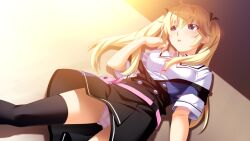 1girl averting_eyes black_dress black_ribbon black_thighhighs blonde_hair blue_dress blue_eyes bra buttons covered_erect_nipples crotch_seam double-breasted dress dutch_angle fanny_pack game_cg grisaia_(series) grisaia_no_kajitsu hair_between_eyes hair_ribbon light_blush matsushima_michiru non-web_source open_mouth panties partially_unbuttoned pink_bag pink_bra pink_panties ribbon sailor_collar school_uniform shirt short_sleeves sleeveless sleeveless_dress solo standing strap_slip thighhighs two-tone_dress underwear upskirt variant_set watanabe_akio white_sailor_collar white_shirt
