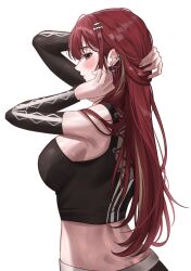 1girl akane_lize black_shirt blush breasts closed_mouth crop_top cross cross_earrings earclip earrings feet_out_of_frame grey_eyes hair_ornament hairclip hand_in_own_hair hashtag-only_commentary highres jewelry katrinabluuuuu long_hair looking_at_viewer looking_to_the_side medium_breasts midriff multicolored_hair red_hair shirt sideboob simple_background solo standing stellive streaked_hair virtual_youtuber white_background