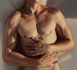 1boy collarbone commentary_request fingernails hand_on_own_chest head_out_of_frame highres korean_commentary lying male_focus nipples nude on_back original pectorals solmuk0 solo toned toned_male veins veiny_arms veiny_hands