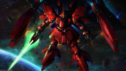 absurdres asteroid beam_cannon cable char&#039;s_counterattack company_name copyright_notice derivative_work earth_(planet) energy_sword explosion funnels_(gundam) green_eyes gundam gundam_battle_operation_2 gundam_msv highres holding holding_sword holding_weapon in_orbit lens_flare looking_at_viewer machinery mecha mecha_focus mobile_suit nebula no_humans one-eyed painting_(medium) planet realistic robot sazabi sazabi_(msn-04ff) scan science_fiction solo space sunrise_(company) sword tenjin_hidetaka traditional_media weapon