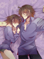 1boy 1girl brown_hair chesed couple dress_shirt closed_eyes green_panties lying panties pants purple_eyes purple_shirt sengoku_musou sengoku_musou_2 sengoku_musou_3 shirt short_hair sleeping sweater tachibana_ginchiyo tachibana_muneshige underwear