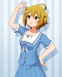 1girl ahoge anime_coloring aqua_background aqua_ribbon aqua_shirt aqua_skirt arm_up blonde_hair blush card_(medium) collarbone cowboy_shot drop_shadow hair_between_eyes hand_in_own_hair hand_on_own_hip ibuki_tsubasa idolmaster idolmaster_million_live! idolmaster_million_live!_theater_days looking_up official_art open_mouth red_eyes ribbon sailor_collar shirt short_hair skirt smile solo star_(symbol) summer_junior_highscool_(idolmaster) summer_uniform_series_(idolmaster) textless_version white_sailor_collar