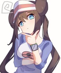 1girl absurdres blue_eyes brown_hair closed_mouth double_bun hair_between_eyes hair_bun highres long_hair looking_at_viewer nintendo pokemon pokemon_bw2 rosa_(pokemon) shirt siyu_mizu solo thinking three-quarter_sleeves twintails upper_body visor_cap white_background