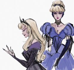 Rule 34 | 2girls, aurora (disney), blonde hair, blue dress, blue eyes, choker, cinderella (disney character), cinderella (disney movie), dark persona, disney princess, dress, earrings, elbow gloves, gloves, gown, hair bun, hairband, highres, jewelry, long hair, looking at viewer, masso, multiple girls, princess, short hair, sleeping beauty (disney)