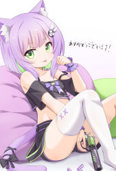 1girl :p animal_ear_fluff animal_ears arm_up black_shirt black_shorts cat_ears cat_girl cat_tail green_eyes gun hair_ornament handgun highres indie_virtual_youtuber midriff mogura2009 paw_pose pillow purple_hair shirt short_hair short_shorts short_sleeves shorts shwaa single_thighhigh sitting smile solo tail thighhighs thighs tongue tongue_out virtual_youtuber weapon white_thighhighs