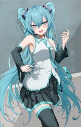 1girl absurdres aqua_eyes aqua_hair aqua_necktie armpits black_skirt blush boar boots collared_shirt commentary detached_sleeves eikawa_suru frilled_shirt frilled_shirt_collar frills grey_background hair_between_eyes hair_ornament hatsune_miku headphones highres holding holding_wand long_hair long_sleeves looking_at_viewer miniskirt necktie open_mouth pleated_skirt shirt simple_background skirt sleeveless sleeveless_shirt smile solo teacher thigh_boots thighhighs twintails very_long_hair vocaloid wand white_shirt wide_sleeves zettai_ryouiki