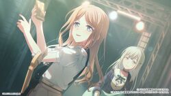 2girls bang_dream! bang_dream!_it&#039;s_mygo!!!!! bass_guitar blue_dress blue_eyes brown_hair cellphone closed_mouth commentary_request crying crying_with_eyes_open dress electric_guitar green_hair guitar hair_ornament hairclip highres holding holding_phone instrument light_particles long_hair long_sleeves multiple_girls nagasaki_soyo official_art open_mouth phone plaid_clothes plaid_dress shirt short_sleeves sidelocks smartphone stage_lights tears wakaba_mutsumi white_shirt yellow_eyes