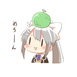 Rule 34 | 1girl, :&gt;, black jacket, blazer, chibi, collared shirt, cropped torso, food, food on head, fruit, grey hair, hair between eyes, hair ornament, hairclip, higuchi kaede, higuchi kaede (1st costume), jacket, long hair, lowres, melon, mole, mole under eye, necktie, nijisanji, object on head, open clothes, open jacket, parted lips, ponytail, purple necktie, rebecca (keinelove), shirt, simple background, solo, translation request, triangle mouth, upper body, v-shaped eyebrows, virtual youtuber, white background, white shirt, | |