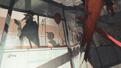 1boy 1girl 1other absurdres ahoge balloon black_cloak black_eyes black_hair bleeding blood blood_on_face blood_on_clothes broken broken_glass building caution cloak closed_mouth death english_text glass gloves glowing glowing_eyes grey_hair highres holding holding_balloon horror_(theme) intravenous_drip looking_back neg_(101neg) original plague_doctor plague_doctor_mask red_eyes scratches short_hair walking white_gloves
