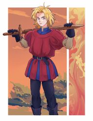 1boy belt black_belt black_boots black_gloves black_pants blonde_hair blue_eyes blue_trim boots border brown_sleeves closed_mouth commentary_request dragon_quest dragon_quest_vii fire gloves highres karumoimoi kiefer looking_to_the_side male_focus medium_hair pants parted_hair puffy_short_sleeves puffy_sleeves red_tunic short_sleeves solo sword tunic weapon white_border