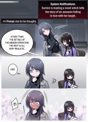 !? 2girls angon623 black_hair black_shirt blush book chief_(path_to_nowhere) coat coat_on_shoulders collared_shirt commentary english_text female_chief_(path_to_nowhere) flying_sweatdrops full-face_blush grey_coat grey_eyes hand_on_own_chin hashtag-only_commentary highres holding holding_book id_card jacket long_hair long_sleeves motion_lines multiple_girls nervous_sweating no_mouth path_to_nowhere purple_eyes purple_jacket shirt speech_bubble spoken_interrobang stroking_own_chin sumire_(path_to_nowhere) sweat yuri