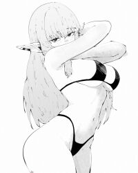 1girl arms_up ass bikini black_bikini breasts choppy_bangs covered_mouth cowboy_shot earclip elf hair_between_eyes highleg highleg_bikini highres large_breasts long_hair looking_at_viewer miregeist monochrome navel pointy_ears serie_(sousou_no_frieren) sideboob simple_background solo sousou_no_frieren stomach swimsuit underboob upper_body white_background yellow_eyes