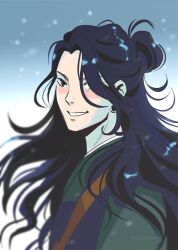 1boy andythelemon black_eyes black_hair earrings eyebrows getou_suguru grin jewelry jujutsu_kaisen long_hair male_focus pale_skin piercing smile snowing solo