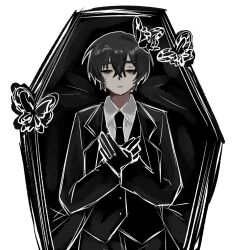 Rule 34 | 1boy, bad anatomy, bad hands, bags under eyes, black butterfly, black hair, black necktie, black suit, black vest, bug, butterfly, closed eyes, coffin, collared shirt, double-parted bangs, e.g.o (project moon), formal clothes, hair between eyes, highres, insect, limbus company, lying, male focus, merukosu, necktie, on back, project moon, shirt, short hair, solemn lament (e.g.o), solo, suit, upper body, vest, white background, white butterfly, white shirt, yi sang (project moon)