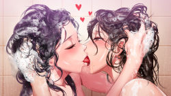 2girls bath black_hair blush eyelashes french_kiss heart highres kiss kiss_focus mole mole_under_mouth multiple_girls original saliva soap soap_bubbles tongue tongue_out tongue_suck washing_another washing_hair wet wet_hair yuri yuritamashi