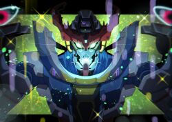 absurdres commentary_request glowing glowing_eyes gquuuuuux green_eyes gundam gundam_gquuuuuux highres letterboxed light_particles looking_at_viewer mecha mecha_focus mobile_suit nkeo no_humans open_mouth outside_border robot science_fiction solo upper_body v-fin zeknova
