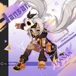 1girl animal_skull arm_support artist_request black_headband boots character_name clothing_cutout commentary copyright_name dark-skinned_female dark_skin earrings english_commentary fur_trim genshin_impact green_eyes grey_hair grin hair_between_eyes hair_lift hair_tubes headband iansan_(genshin_impact) jewelry kneeling long_hair multicolored_boots multiple_rings necklace official_art on_one_knee pointy_ears ring shoulder_cutout shoulder_tattoo single_thighhigh skull smile sports_bra subtitled tattoo thighhighs very_long_hair