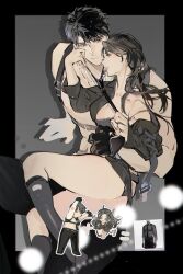 1boy 1girl arm_around_waist ass black_hair black_necktie bra caleb_(love_and_deepspace) closed_mouth clothes_grab couple dog_tags grey_bra hand_on_another&#039;s_face height_difference hetero highres holding_dog_tags long_hair love_and_deepspace lrrcakie mouth_hold muscular muscular_male necktie necktie_grab neckwear_grab pectorals protagonist_(love_and_deepspace) purple_eyes short_hair simple_background underwear very_short_hair