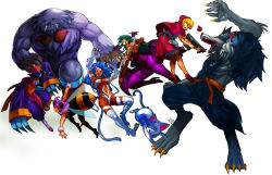 5girls animal_ears animal_hands animal_print bat_print bat_wings blue_hair blue_skin breasts b.b._hood capcom cat cat_ears cat_tail chinese_clothes claws cleavage cleavage_cutout clothing_cutout colored_skin fangs felicia_(darkstalkers) jon_talbain gun hadesha head_wings highres hood hooded_jacket jacket jiangshi large_breasts hsien-ko leotard long_hair medium_breasts morrigan_aensland multiple_girls ofuda pantyhose print_legwear q-bee sasquatch_(darkstalkers) submachine_gun tail darkstalkers weapon werewolf wings wolf