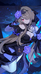 1girl absurdres ai_dongdong bare_shoulders black_dress breasts brown_hair cleavage closed_mouth clothing_cutout dress dress_flower flower hair_over_one_eye highres honkai_(series) honkai_impact_3rd long_hair looking_at_viewer purple_flower red_eyes rita_rossweisse rita_rossweisse_(fallen_rosemary) short_sleeves shoulder_cutout smile solo very_long_hair