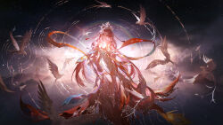 1girl absurdres bird cloud dress hair_ornament highres long_hair looking_at_viewer nikki_(series) red_hair shining_nikki sky solo star_(sky) yi_ke_da_cui_tao_tao