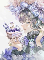 1boy absurdres androgynous black_bow black_bowtie black_hair blue_flower blue_rose blueberry bonnet bow bowtie braid braided_hair_rings buttons carousel earrings fingernails flower flower_earrings food frilled_shirt frills fruit grey_shirt hair_rings hat hat_flower highres holding holding_food jewelry long_sleeves looking_at_object male_focus original parted_lips pink_flower pink_rose pinky_ring profile purple_eyes purple_shirt rose shirt simple_background solo sparkle tart_(food) teeth tsukimiya_akira upper_body wafer_stick white_background