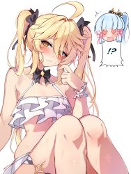 !? 1boy 1girl aether_(genshin_impact) ahoge alternate_costume alternate_hairstyle ayaka_(genshin_impact) bare_shoulders bikini blonde_hair blue_hair blush closed_mouth collarbone commentary commission crossdressing fingernails frilled_bikini_top frilled_wrist_cuffs frills genshin_impact hair_between_eyes hand_up heart heart-shaped_eyes high_ponytail highres midori_(midori13579) nail_polish ponytail purple_nails simple_background swimsuit two_side_up wet white_background white_bikini wrist_cuffs yellow_eyes