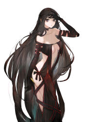1girl absurdres arm_strap bare_shoulders black_dress black_gloves breasts brown_hair center_opening choker cleavage collarbone dress earrings elbow_gloves fate/grand_order fate_(series) gloves grey_eyes highres jewelry long_hair medium_breasts navel ribbon-trimmed_dress ribbon_trim solo toi8 very_long_hair yu_mei-ren_(fate) yu_mei-ren_(second_ascension)_(fate)