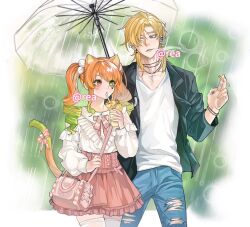 Rule 34 | 1boy, 1girl, animal ears, artist name, black jacket, blonde hair, blue pants, bracelet, cat ears, cat girl, cat tail, cheek tattoo, cigarette, cross, cross necklace, degrees of lewdity, denim, drink, drinking straw, earrings, eyebrow piercing, green eyes, heart, heart tattoo, heterochromia, highres, holding, holding cigarette, holding drink, holding umbrella, jacket, jeans, jewelry, looking at another, necklace, open clothes, open jacket, orange eyes, orange hair, outdoors, pants, piercing, pink bag, pink skirt, player character (degrees of lewdity), player character (female) (degrees of lewdity), rain, rea azerra, ring, ringlets, shirt, short hair, skirt, tail, tattoo, thighhighs, torn clothes, torn jeans, torn pants, umbrella, watermark, white shirt, white thighhighs, whitney (degrees of lewdity), whitney (male) (degrees of lewdity)