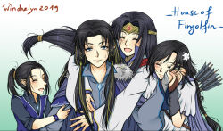 Rule 34 | 1girl, 2019, 3boys, aredhel, argon (silmarillion), artist name, black hair, blue eyes, bracelet, braid, brother and sister, brothers, character name, closed eyes, closed mouth, collar, dated, elf, english text, fingon, flower, hair flower, hair ornament, happy, hug, jewelry, long hair, looking at viewer, multiple boys, open mouth, pointy ears, ponytail, prince, princess, quiver, siblings, smile, sweat, sweatdrop, the silmarillion, tolkien&#039;s legendarium, turgon, upper body, white flower, windrelyn