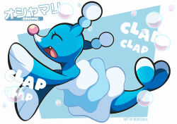 animal_focus artist_name blush brionne bubble character_name clapping closed_eyes commentary english_commentary english_text eyelashes fang flippers from_side full_body gen_7_pokemon highres nintendo no_humans open_mouth pokemon pokemon_(creature) pokemon_focus smile solo sound_effects tail woofzilla