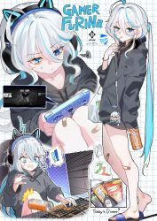 1girl a0lp ahoge blue_eyes furina_(genshin_impact) genshin_impact hair_between_eyes highres hood hoodie long_hair long_sleeves looking_at_viewer multicolored_hair solo white_hair