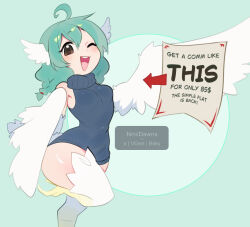 1girl ad ahoge artist_name bare_shoulders birb_(niniidawns) bird_legs bird_tail blush braid breasts brown_eyes chicken_girl dress english_text feathered_wings feathers green_background green_hair hair_between_eyes harpy head_wings long_hair monster_girl niniidawns one_eye_closed open_mouth original small_breasts solo standing standing_on_one_leg tail talons teeth turtleneck turtleneck_dress twin_braids upper_teeth_only white_feathers white_wings wide_hips wing_ears winged_arms wings