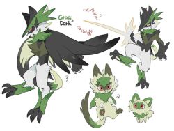 1boy :3 black_fur body_fur bright_pupils brown_fur claws closed_mouth creatures_(company) english_text evolutionary_line fakemon fang fang_out fangs fangs_out full_body furry furry_male game_freak green_fur happy highres holding_tail jpeg_artifacts leaf leaf_on_head looking_at_viewer multiple_views neck_fur nintendo pawpads pokemon pokemon_(creature) profile red_eyes rx_chuang simple_background sketch smile sprigatito standing tail white_background white_fur white_pupils