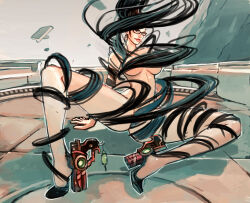 1girl 2017 absurdly_long_hair ankle_gun anus arm_support ass bayonetta bayonetta_(series) beehive_hairdo black-framed_eyewear black_hair bodysuit boots breasts brooch closed_mouth commentary earrings female_focus floating_hair full_body gameplay_mechanics glasses gluteal_fold green_eyes hair_ribbon head_tilt high_heel_boots high_heels jewelry joel_jurion large_breasts leg_up lips living_clothes long_hair long_legs looking_at_viewer mole mole_under_mouth navel nipples nose outdoors ponytail prehensile_hair red_lips ribbon shadow sitting solo spread_legs thick_lips transformation undressing variant_set very_long_hair